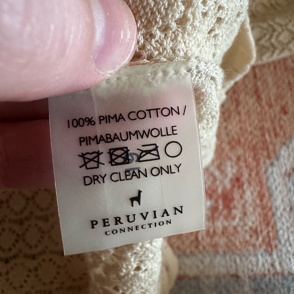 Peruvian connection 100% Pima cotton cream crochet knit sweater size small boho - Picture 6 of 7
